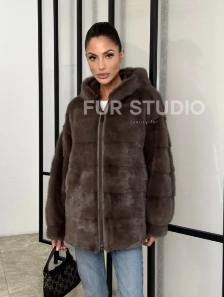 Норковый полушубок с капюшоном на молнии - фото 10