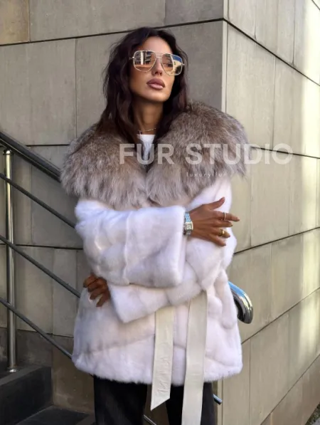 Норковая шуба с мехом рыси - белая - фото 11