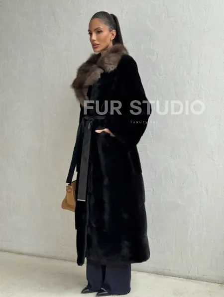 Черная норковая шуба - воротник куница - фото 6
