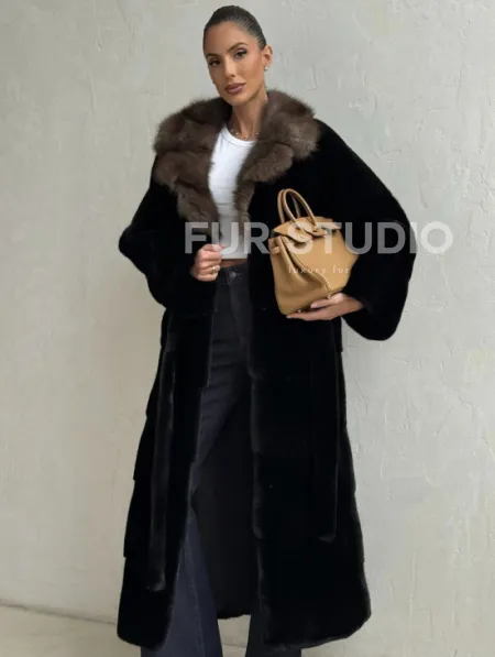 Черная норковая шуба - воротник куница - фото 3