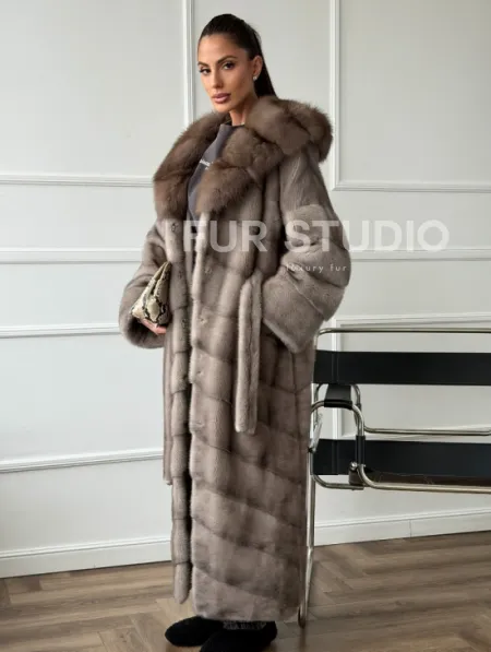 Шуба-кимоно норка в пол с капюшоном куница - фото 7