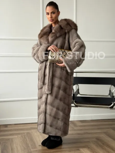 Шуба-кимоно норка в пол с капюшоном куница - фото 3