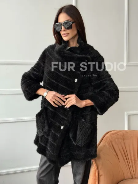 Меховое пальто из вязаной норки - фото 0