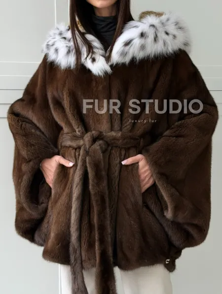 Норковая шуба с капюшоном по рысь - фото 1