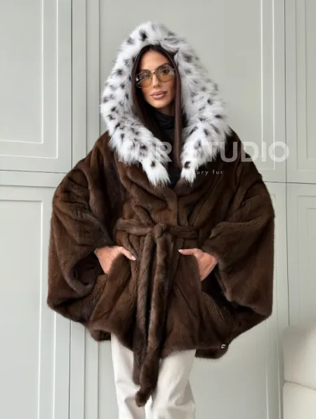 Норковая шуба с капюшоном по рысь - фото 12