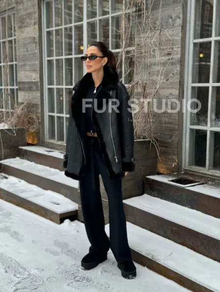 Черная дубленка авитор на овчине - фото 7