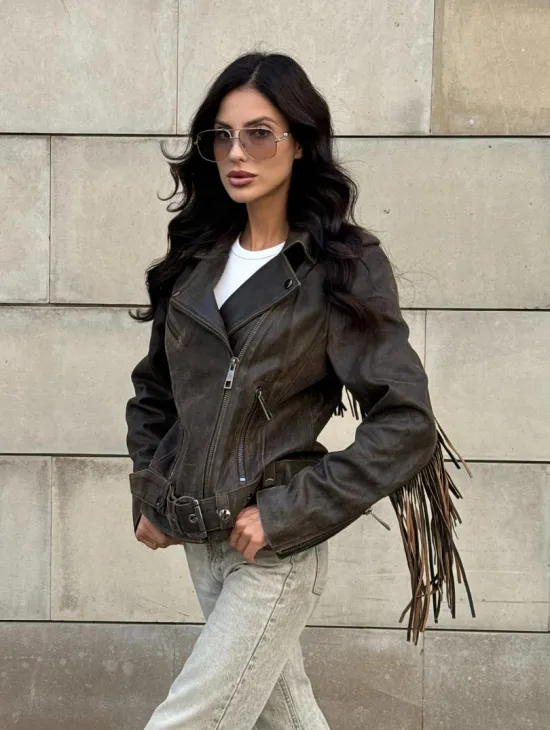 Куртка из натуральной кожи с бахромой «Vintage» - коричневая - фото 12