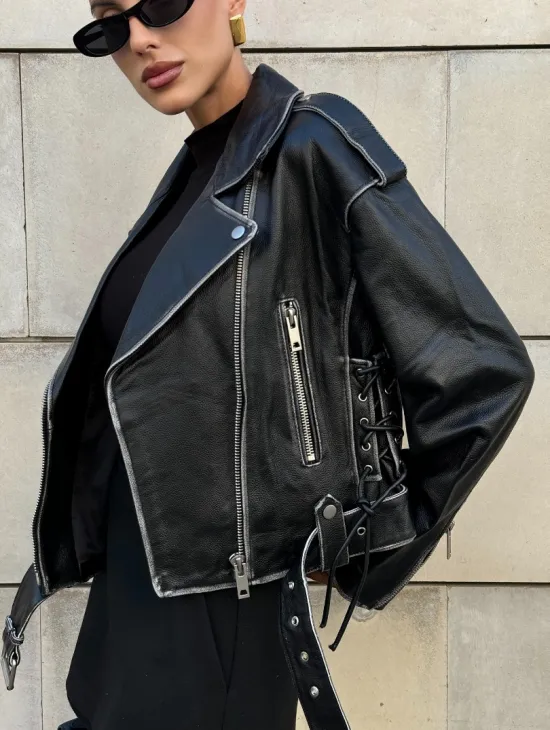 Куртка-косуха из натуральной кожи «Vintage»  со шнуровкой - цвет черный - фото 3