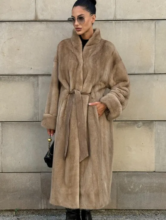 Норковая шуба цельный мех стойка воротник - цвет Caramel - фото 7