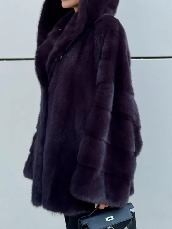 Норковый полушубок автоледи с капюшоном - цвет инжир - фото 1