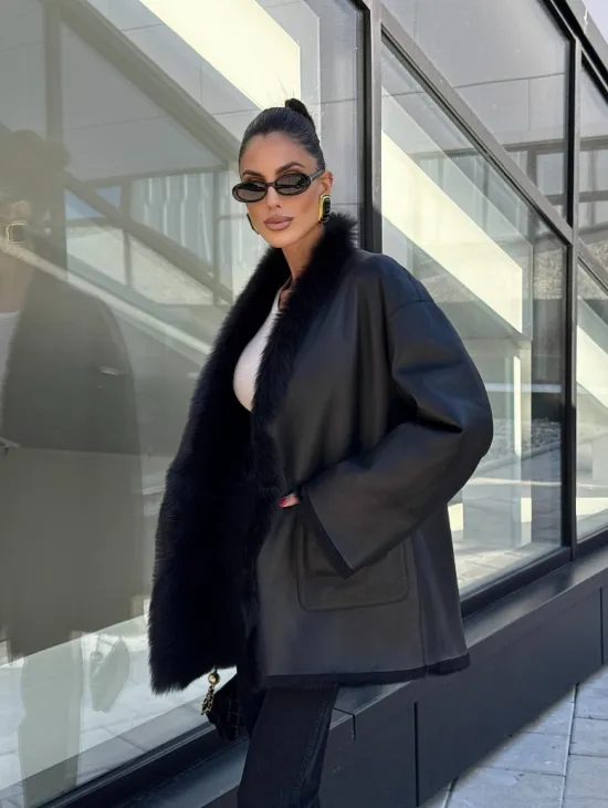 Двухсторонняя черная шуба-дублёнка из итальянской  тосканы - фото 14