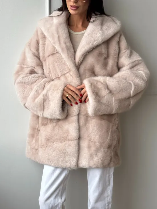 Зимняя норковая шуба цвет пудра с капюшоном - фото 3