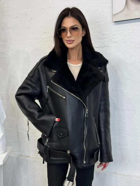 Дубленка зимняя авиатор из натуральной овчины - цвет черный - фото 0