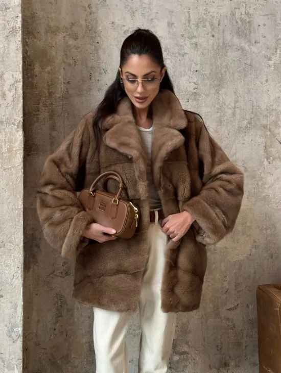 Полушубок из натуральной норки пастель с английским воротником - паркет - фото 8