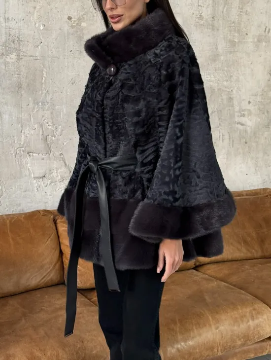 Меховое пончо - шуба из натурального меха каракульчи с отделкой из норки - фото 4