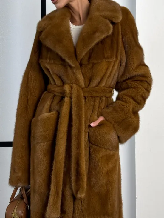 Классическая длинная норковая шуба под пояс - английский воротник - фото 2
