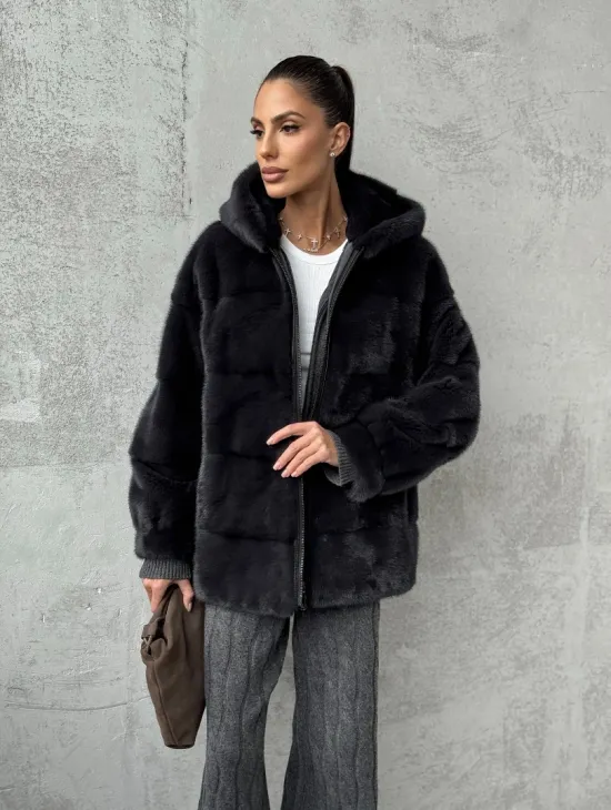 Норковый полушубок - куртка из меха норки с капюшоном графит - фото 10