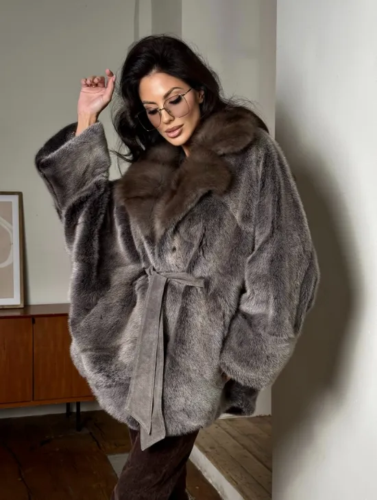 Женский норковый полушубок с воротником из куницы, фасон - летучая мышь - фото 8