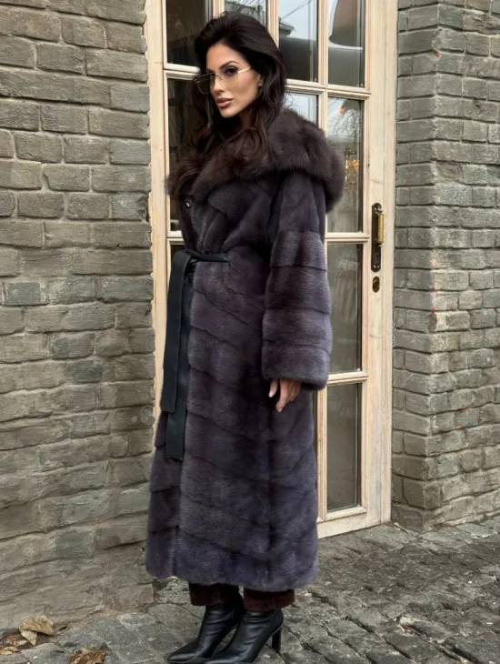 Удлиненная шуба из меха норки с капюшоном куница - фото 3