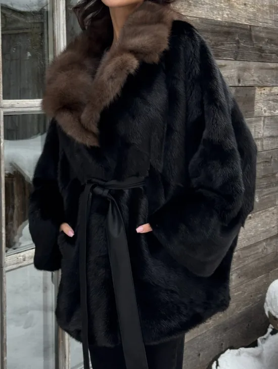 Черная шуба из норки с английским воротником из куницы - фото 3