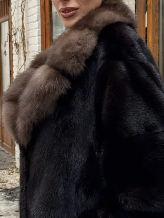 Полушубок норковый оверсайз с воротником и меха куницы - фото 1