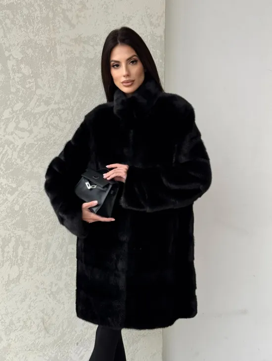 Норковая шуба в черном цвете воротник стойка - фото 9