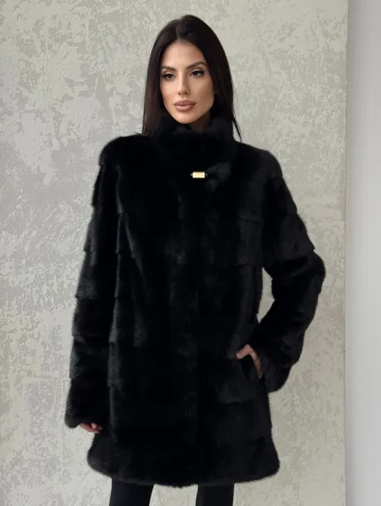 Норковая шуба средней длины стойка воротник - цвет черный - фото 0