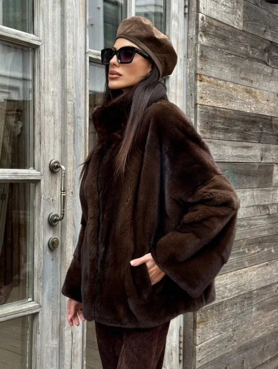 Норковый полушубок из меха аукционной норки, стойка воротник - фото 4