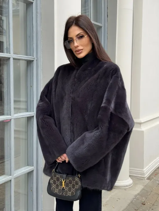 Графитовый норковый жакет с V-образным воротником - фото 5