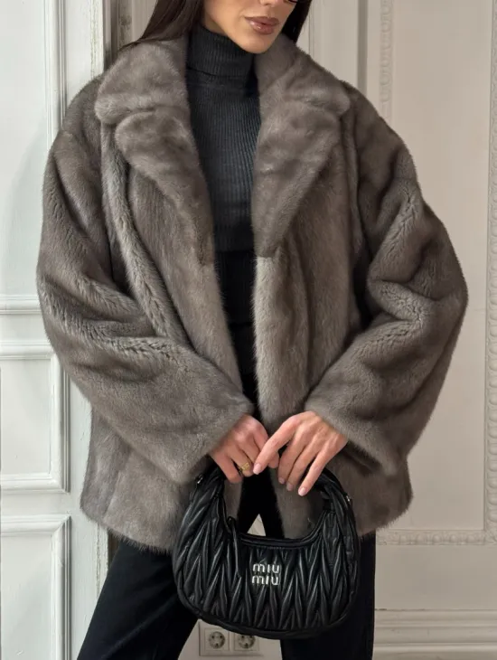 Норковый жакет классического кроя с прорезными карманами клапанами - фото 2