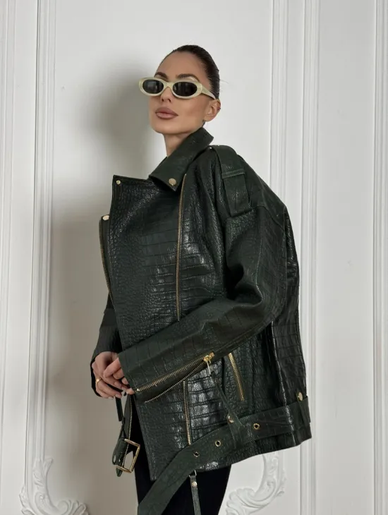 Куртка - косуха из натуральной кожи «CROCO» Dark green - фото 10
