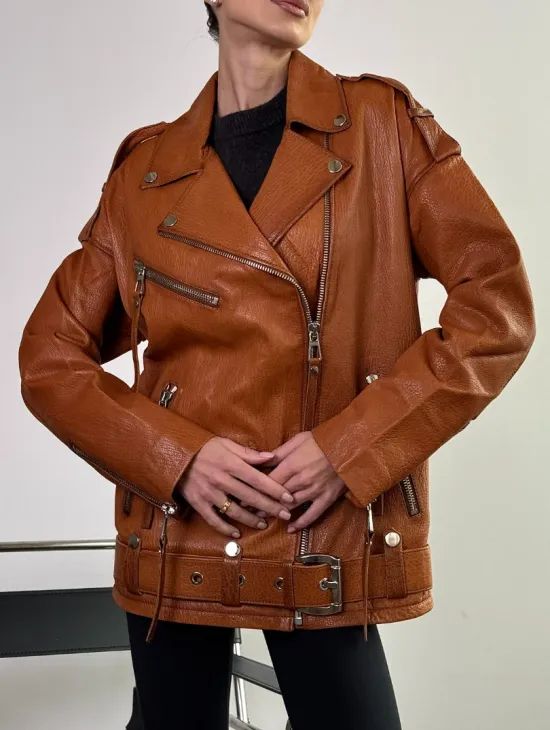 Удлиненная косуха «Прямой Оверсайз» из натуральной кожи whiskey - фото 2