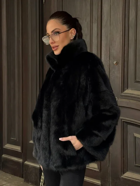 Норковый полушубок черного цвет стойка воротник - фото 8