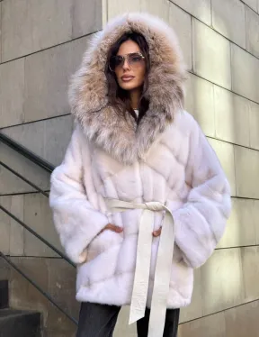 Норковая шуба с мехом рыси - белая - фото 10