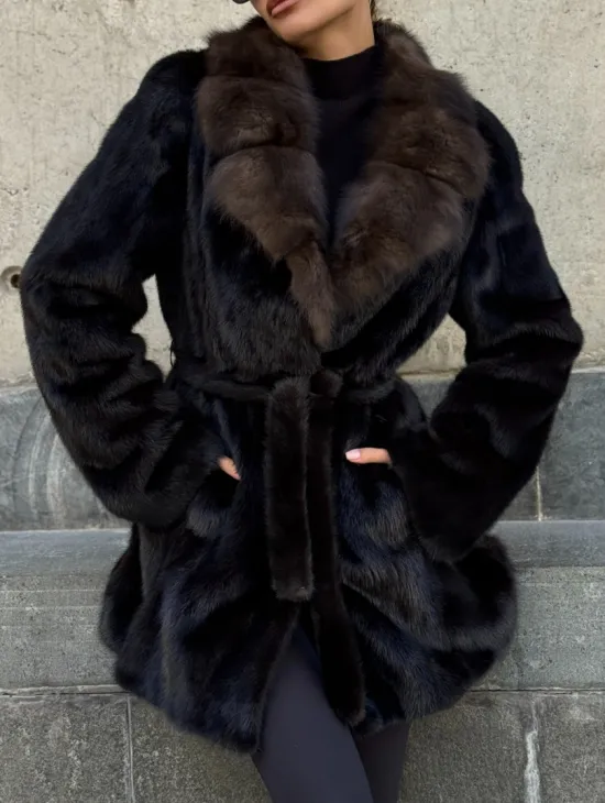 Норковая шуба махагон с куницей - фото 2