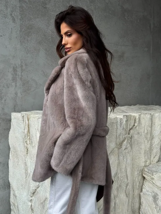 Норковая шуба - жакет с поясом - фото 6