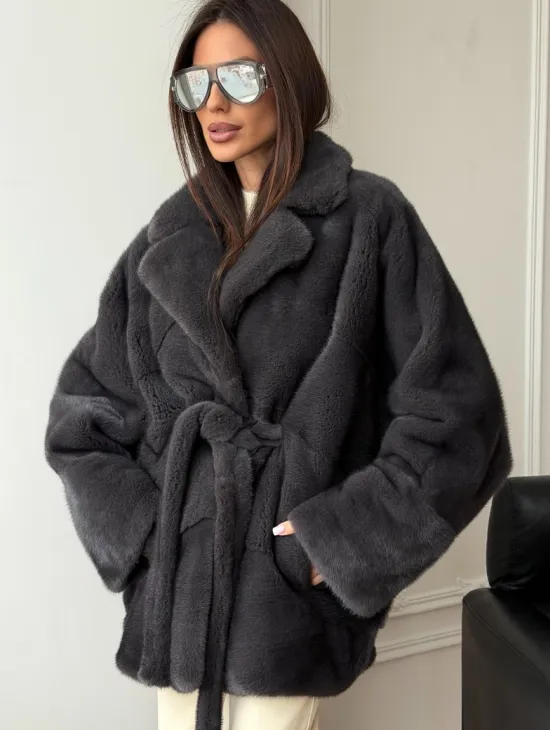 Шуба норковая летучая мышь - графит - фото 4