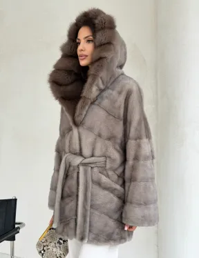 Серый норковый полушубок - капюшон куница - фото 10