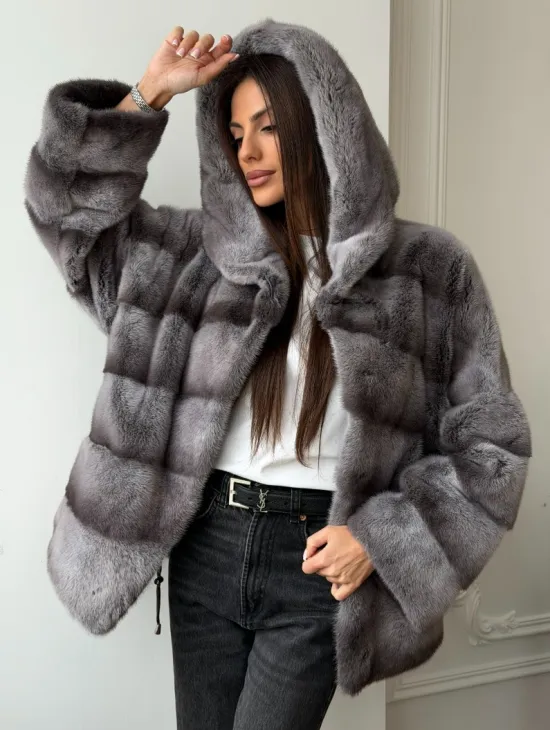 Норковый полушубок с капюшоном - цвет Platinum - фото 10