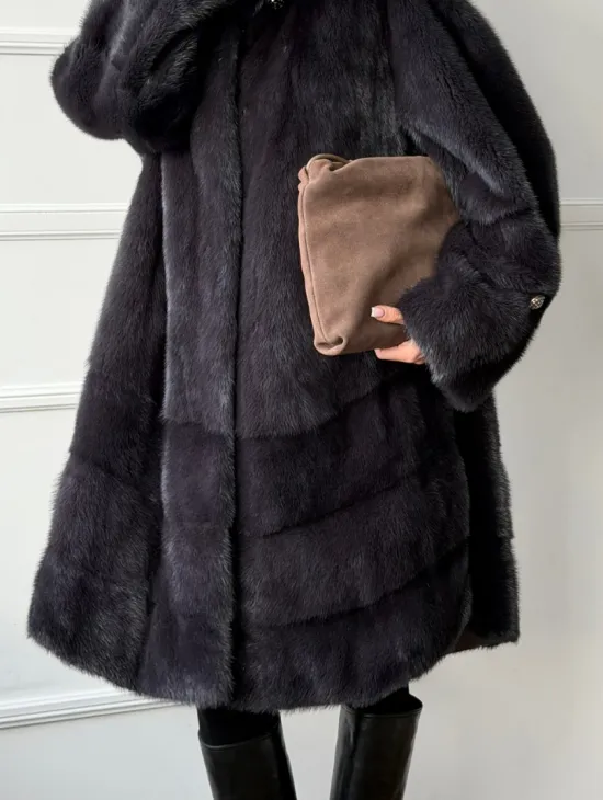 Норковая шуба с капюшоном - графит - фото 3