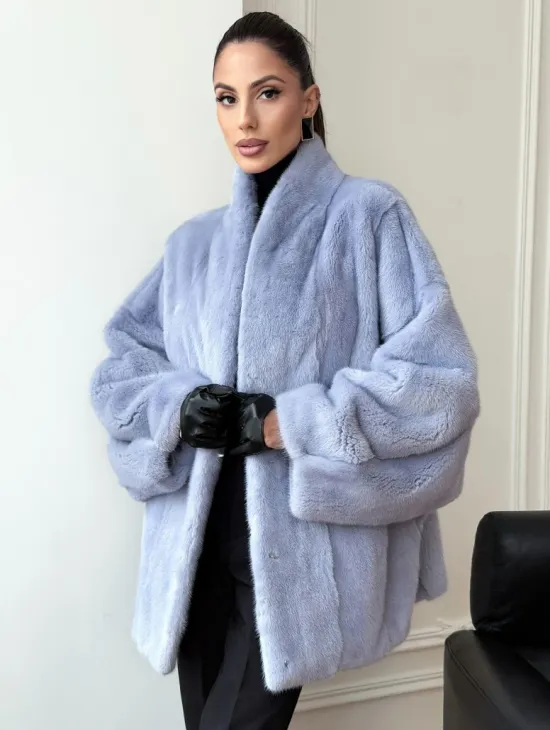 Голубой норковый полушубок - летучая мышь - фото 8