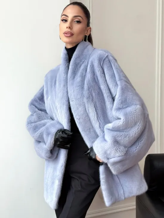 Голубой норковый полушубок - летучая мышь - фото 6