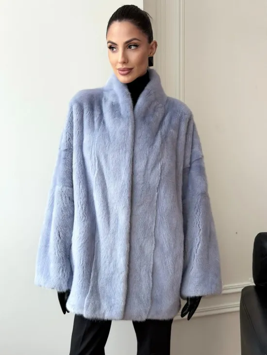 Голубой норковый полушубок - летучая мышь - фото 7