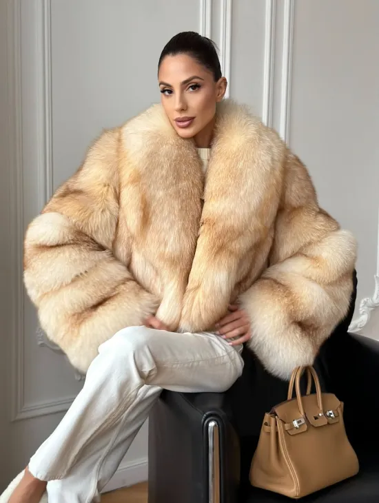 Полушубок-кроп с шалевым воротником из меха песца - фото 7