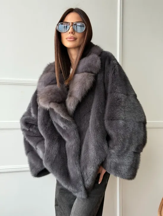 Автоледи норковая с воротником куницы - графит - фото 0