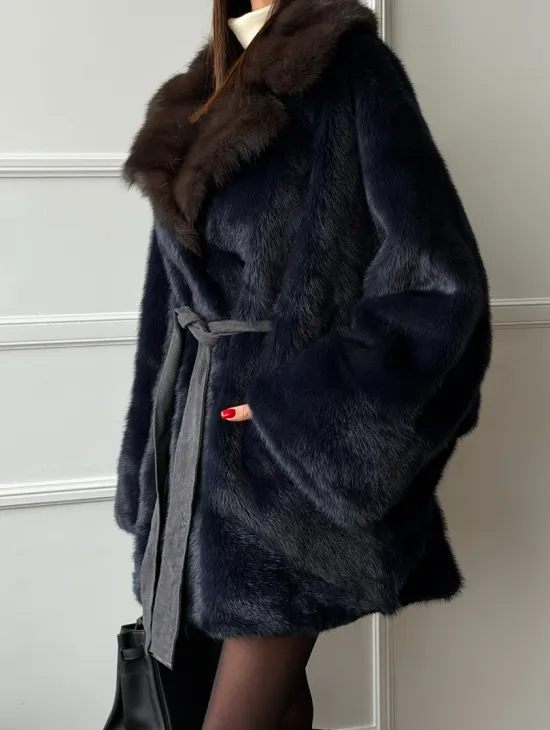 Норковый полушубок летучая мышь с воротником куницы  Dark Blue - фото 2