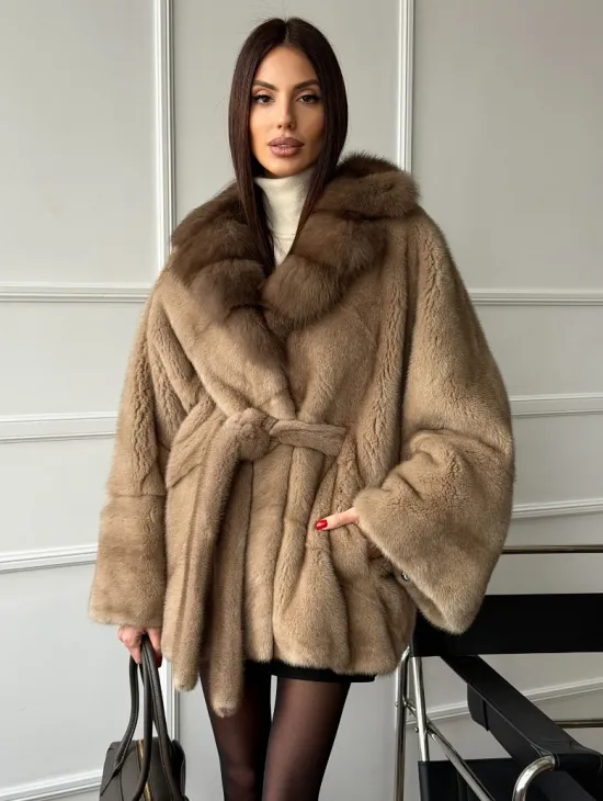 Pastel шуба летучая мышь - воротник куница - фото 8