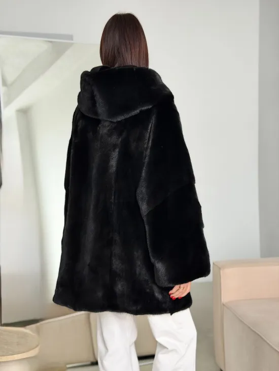 Норка шуба BLACKGLAMA паркет кимоно с капюшоном - фото 7