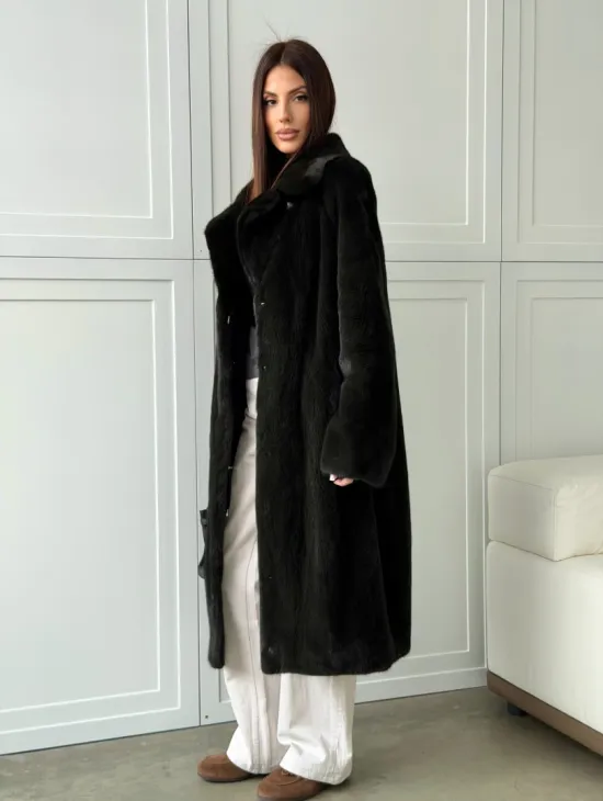 Темная норковая шуба в росшив - английский воротник 