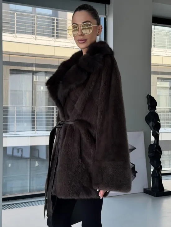 Норковое автоледи с воротником из куницы - фото 6